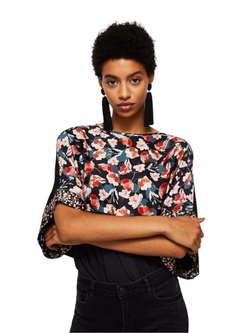 Mango Black Satin Floral Blouse Red & Cream Flowers Size S